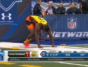 Offensive lineman Terron Armstead of Arkansas-Pine Bluff gets into his stance before running a NFL Scouting Combine offensive lineman record 4.72 seconds in the 40-yard dash this morning.